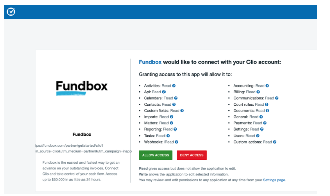 How do I connect Fundbox to my Clio account and apply for credit?
